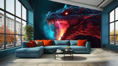 A blue and red dragon with its mouth open and fire coming out AIG51A. Wall mural