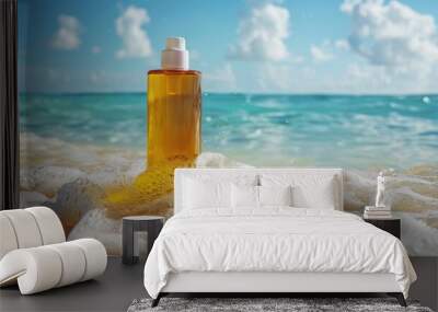 A bottle of perfume rests on the sandy beach as the sun sets over the tranquil water, casting a dreamy light on the fluid horizon and painting the sky with soft clouds AIG50 Wall mural