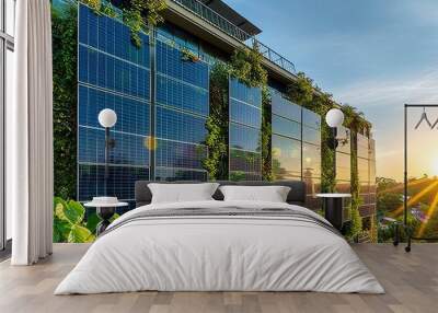 a building with solar panels, placed on a slope, against a sunset sky, creates an eco-friendly lands Wall mural