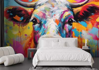 A close up of a cow's face with bright, colorful paint splatters in the background. AIG51A. Wall mural