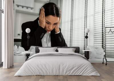 A competent female employee who has become completely exhausted as a result of overburdened work. Concept of unhealthy life as an office worker, office syndrome, effect from overwork. Wall mural