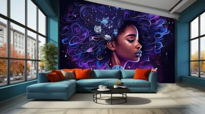 A cute African American teenage goddess with beautiful afrocentric hairstyle made from celestial bodies fade into the universe. Generative AI AIG16. Wall mural