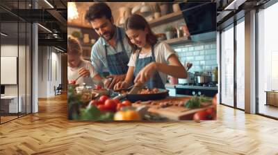 A family is happily cooking and bonding in the kitchen, sharing natural foods and ingredients, while enjoying leisure time together. AIG41 Wall mural