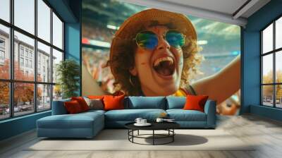 A fan is enthusiastically gesturing with her arms in the air, cheering in an electric blue hat at the entertaining competition event. AIG41 Wall mural