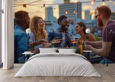 A group of friends enjoying a rooftop barbecue in an urban setting, city skyline in the background, casual and fun atmosphere. Resplendent. Wall mural