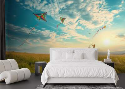 A group of people are flying kites in a grassy field under the azure sky with fluffy cumulus clouds floating in the atmosphere. AIG41 Wall mural