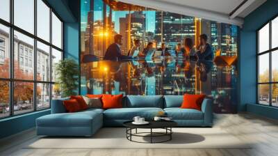 A group of people is seated around a table in a conference room, sharing smiles and engaging in a leisurely real estate event. AIG41 Wall mural