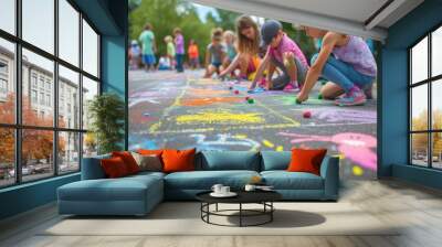 A happy group of children are engaging in leisurely sports and recreation by sitting on the ground, drawing with chalk. AIG41 Wall mural