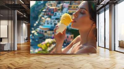 A happy woman is savoring a delicious ice cream cone on a bustling city street. She smiles with each bite, enjoying the sweet dessert as she travels AIG50 Wall mural