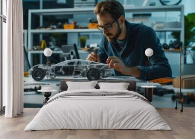 A man, wearing glasses, is working at a table in a building, designing a car using a computer. He focuses on the car's hood and automotive tires, making precise gestures for automotive lighting. AIG41 Wall mural