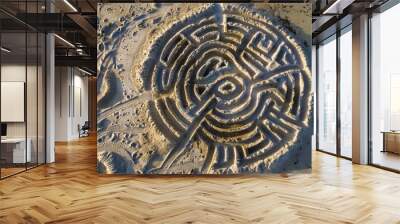 A mesmerizing sand labyrinth, created on a beach, with intricate patterns resembling a work of art. The aerial view captures the harmonious blend of natural materials and landscape AIG50 Wall mural