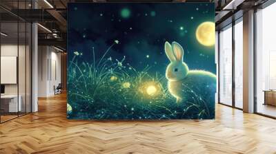 A Mountain Cottontail rabbit is resting in the grass with Easter eggs in front of a full moon AIG42E Wall mural