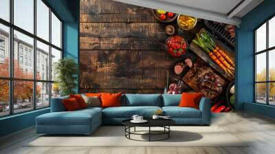 A rectangular wooden table adorned with plates of natural foods and a grill. The setting is perfect for a plantbased cuisine event, where guests can enjoy art, games, and fresh fruit AIG50 Wall mural