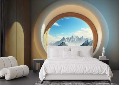 a room with round glass window overlooking beautiful landscape background . hotel futuristic showroo Wall mural