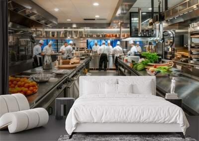 A skilled team of professional chefs is seen preparing food in a modern, bustling commercial kitchen setting AIG59 Wall mural