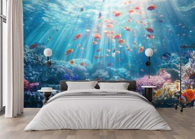 A stunning coral reef underwater, a vibrant ecosystem full of marine life, illuminated by sunlight filters AIG59 Wall mural