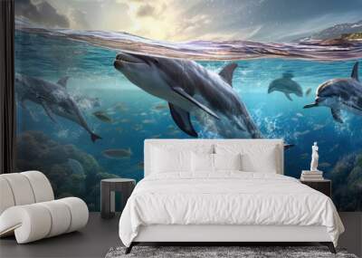 A thrilling confrontation between a team of heroic dolphins and a gang of treacherous sharks under the crystal-clear waters of a tropical reef with other fishes. Generative AI AIG27. Wall mural