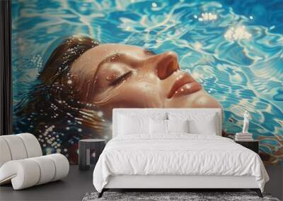 A woman is happily swimming underwater in a pool, wearing a diving mask with her eyes closed, mimicking the gestures of a fictional character from a movie scene. The water is her art of recreation Wall mural