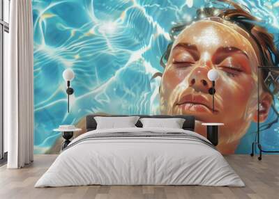 A woman is happily swimming underwater in a pool, wearing a diving mask with her eyes closed, mimicking the gestures of a fictional character from a movie scene. The water is her art of recreation Wall mural