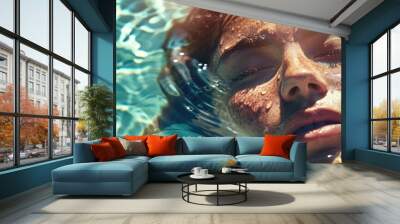 A woman is happily swimming underwater in a pool, wearing a diving mask with her eyes closed, mimicking the gestures of a fictional character from a movie scene. The water is her art of recreation Wall mural