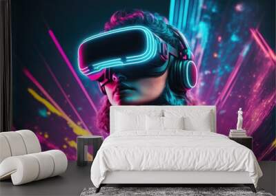 A young woman in VR glasses playing video games with virtual reality headset. Concept of gaming in cyberpunk lifestyles. Finest generative AI. Wall mural