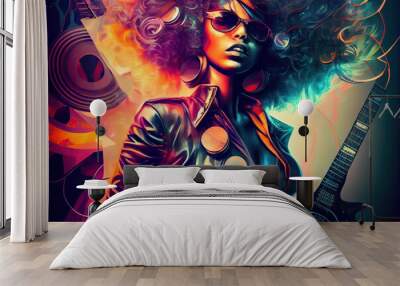 Abstract art in overlapped musician with hairstyle decorated by instrument design. Concept of captivated in exotic music styles with cyberpunk color. Glorious generative AI. Wall mural