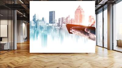 Abstract city building skyline metropolitan area in contemporary color style and futuristic effects. Real estate and property development. Innovative architecture and engineering concept. Wall mural