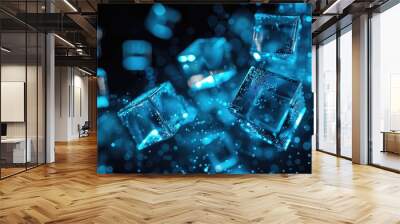 Abstract digital art with blue glowing cube and particles. Digital artwork of transparent cube with glowing blue color and dark background. Technology innovation and data visualization concept. AIG53. Wall mural