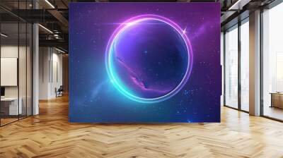 Abstract globe with glowing lines on a pink and blue background. Digital art of circle or geometric shape with gradient of vibrant color background. Futuristic technology and global network. AIG53F. Wall mural