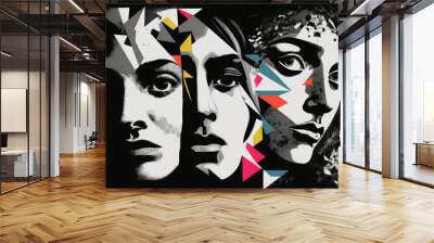 Abstract human many faces expression, dark emotion and uncertain mental health. Peculiar AI generative image. Wall mural