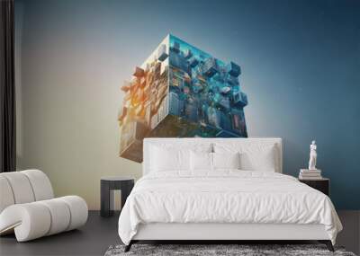 Abstract multiverse world with cubic landscape of nature and city . Creative surreal earth environment by puzzle artwork construction .. Peculiar AI generative image. Wall mural