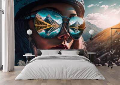 Adventure and natural travel in the wondrous mountain landscape and beautiful sky concept portrayed by young woman wearing sunglasses with reflection of the nature environment by Generative AI. Wall mural