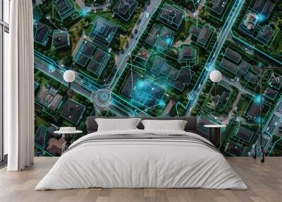 Aerial view of a smart city suburb featuring connected homes, green spaces, and advanced technology. AIG62 Wall mural