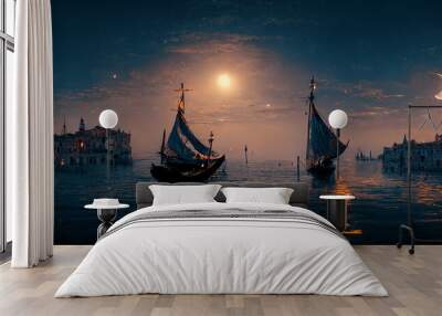 AI generated fantasy coastal town with sailing ship and fishing boats, background of bright moon in the sky. Vintage digital art AI generated image concept art by medieval ship or schooner on the Wall mural