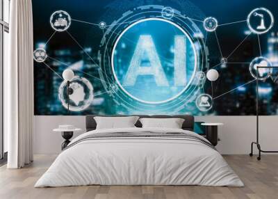 AI Learning and Artificial Intelligence Concept - Icon Graphic Interface showing computer, machine thinking and AI Artificial Intelligence of Digital Robotic Devices. uds Wall mural