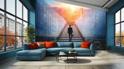 Ambitious business man climbing stairs to meet incoming challenge and business opportunity. The high stair represents the concept of career path success, future planning and business competitions. Wall mural