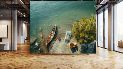 An aerial view of two boats peacefully floating on the serene lake surrounded by natural landscape with trees, grass, and other terrestrial plants AIG50 Wall mural