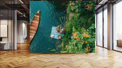 An aerial view of two boats peacefully floating on the serene lake surrounded by natural landscape with trees, grass, and other terrestrial plants AIG50 Wall mural