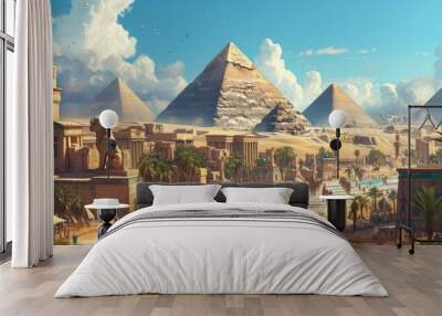 An ancient Egyptian city at the peak of its glory, with pyramids, Sphinx, and bustling markets. Resplendent. Wall mural