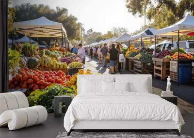 An early morning farmers market scene, bustling with vendors and customers, fresh produce on display, capturing the essence of local commerce and community. Resplendent. Wall mural