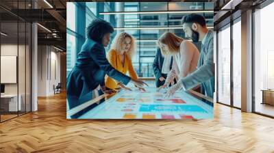 An engaged team of experts interacts with a futuristic digital interface during a strategy session in a contemporary office. AIG41 Wall mural