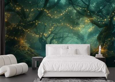 An ethereal twilight scene in a mystical forest, with trees adorned by warm glowing lights and a carpet of blue flowers under a starry sky. Resplendent. Wall mural