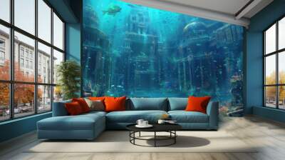 An underwater city with bioluminescent coral, schools of colorful fish, and ancient ruins, all illuminated by the eerie glow of an underwater volcano. Resplendent. Wall mural