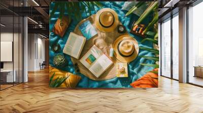 Aqua picnic blanket with an azure round table surrounded by green pillows and a magenta patterned circle. An artistic and electric blue design for a cozy outdoor gathering with a touch of nature AIG50 Wall mural