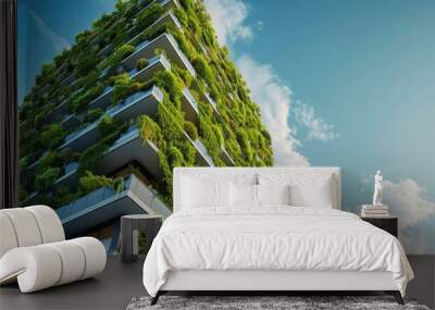 Architectural detail of an eco-friendly residential building with balconies lush with integrated greenery and sustainable design. AIG41 Wall mural