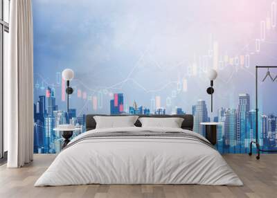 As background for a financial or business concept, digital screen and financial graphs overlap on a picture of modernistic cityscape, skyscrabbers. Wall mural