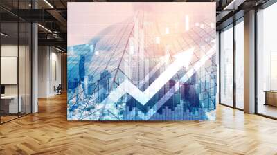 As background for a financial or business concept, digital screen and financial graphs overlap on a picture of modernistic cityscape, skyscrabbers. Wall mural