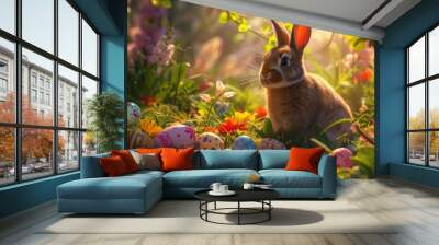 Audubons Cottontail rabbit is hidden in the vegetation next to Easter eggs in its natural environment of grass and flowers AIG42E Wall mural