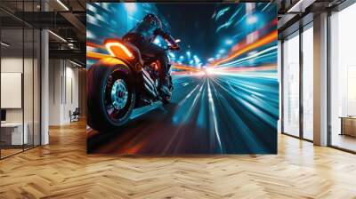 Back view of professional smart motorbike driver wearing helmet while driving in high speed surrounded with neon light at futuristic cityscape and skyscraper at night time. Blurring background. AIG42. Wall mural