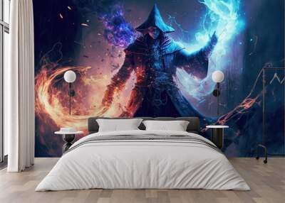 Battlemage in fantasy setting, powerful spell casting by sorcerer wearing mystical medieval outfit for game character design in epic lighting fire ball. Magical warrior concept. Superb Generative AI. Wall mural